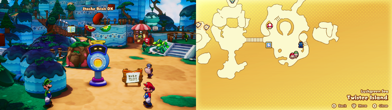 Mario and Luigi getting a Stache Bean DX from the Concordia Hammer-Rally machine on Twistee Island from Mario & Luigi: Brothership.