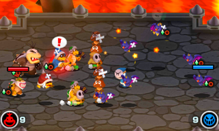 Screenshot of a battle at the Underground Gossip quest in the Bowser Jr.'s Journey mode of Mario & Luigi: Bowser's Inside Story + Bowser Jr.'s Journey.