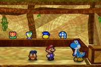 Image of Mario and Goombario in Yoshi's Cabana in Yoshi's Village, in Paper Mario.