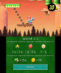 Smiley Flower 5: Guarded by a Piranha Plant on an upper Warp Pipe. Light Blue Yoshi can either defeat it or obtain the Smiley Flower from behind.