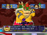 Waluigi in a special event in Bowser's Gnarly Party where Bowser takes half of his coins.