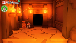 Mario standing near a vase containing a Big Bag of Confetti in Fire Vellumental Cave of The Origami King.