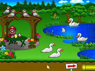 Alle meine Entchen: German version only. Displays Mario sitting near a lake and looking at ducks, doves, and geese.