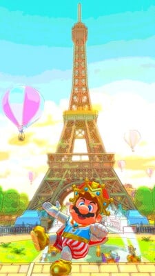 Paris Promenade 3: Mario (King) performing a Jump Boost, with the Eiffel Tower visible in the background