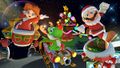 Mario (Santa), Daisy (Holiday Cheer), and Yoshi (Reindeer) tricking on the course