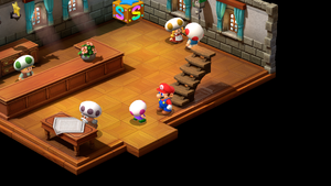 Bellhop giving Mario a gift for having a good stay in the hotel in Marrymore of Super Mario RPG.
