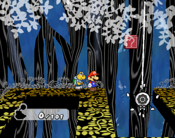 Screenshot of Mario at a hidden ? Block location in The Great Tree, in Paper Mario: The Thousand-Year Door.