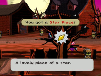 Mario getting the Star Piece behind the right tree in Twilight Town in Paper Mario: The Thousand-Year Door.