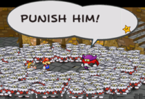 Lord Crump shouting "Punish him!" to the X-Nauts surrounding Mario and Goombella