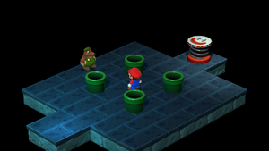 Mole giving Mario rewards from Goomba Thumping minigame, accessed by the fifth pipe in the third room of Pipe Vault of Pipe Vault of Super Mario RPG.