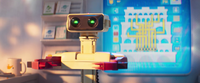 R.O.B. at the information desk in the Gateway Galaxy in The Super Mario Galaxy Movie