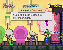 Luigi getting a Door Key from Hagra in Underwhere Road of Super Paper Mario.