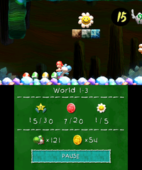 Smiley Flower 2: After a pipe that produces yellow Shy Guys, there are three Winged Clouds, the middle of which contains the second Smiley Flower. There is a row of blocks under it; after revealing it, Light-Blue Yoshi must hit it with an egg, spat out enemy, or jump off an enemy to collect it.