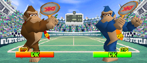 Donkey Kong and his alternate costume from Mario Tennis in the Tiebreaker mode.