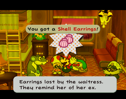 Mario getting Shell Earrings from Doopliss (disguised as Zip Toad) on Excess Express of Paper Mario: The Thousand-Year Door.