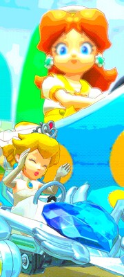 Peach (Wedding) (bottom, driving the Silver Cupid's Arrow kart) alongside a mega-sized Daisy (Sailor) (driving the Huffin Puffin Egg kart)