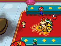 Toadsworth teaching Mario about Action Commands of the Jump attack in his battle against Bowser in Peach's Castle conference hall.