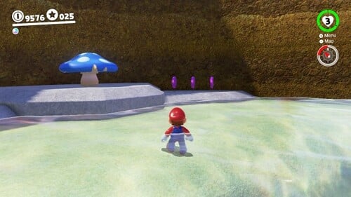 Three regional coins near a blue mushroom.