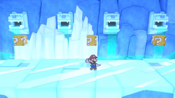 A row of ? Blocks preceding the Ice Vellumental arena in Paper Mario: The Origami King.