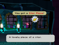 Mario getting the Star Piece in the north side of the room in Creepy Steeple where Mario released 200 Boos in Paper Mario: The Thousand-Year Door.