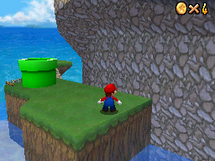 Mario near a Shrinker Pipe in Super Mario 64 (left) and Super Mario 64 DS (right)