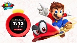Artwork of the Super Mario Odyssey theme being advertised for Nintendo Sound Clock: Alarmo.