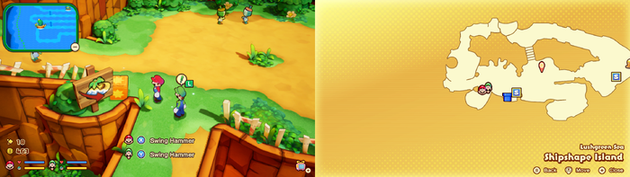 Mario and Luigi near a wooden crate containing a Refreshing Herb on Shipshape Island of Mario & Luigi: Brothership.