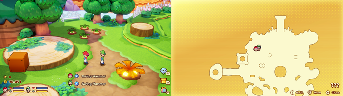 Mario and Luigi near 4 Plug Radishes and a Golden Plug Radish containing 32 Coins in the illusionary Mushroom Kingdom area of Soli-Tree of Mario & Luigi: Brothership.