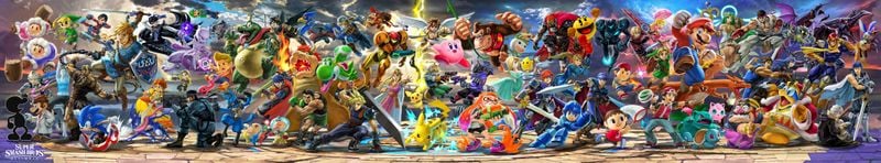 Super Smash Bros. Ultimate panoramic art, after Simon, Richter, Chrom, Dark Samus, and King K. Rool were revealed.