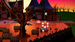 Mario getting a Coin from a bush in Twilight Town of Paper Mario: The Thousand-Year Door for Nintendo Switch.