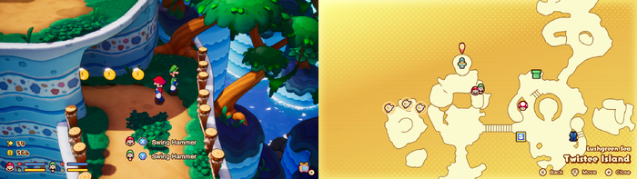 Mario and Luigi near 3 Coins on Twistee Island of Mario & Luigi: Brothership.