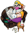 Wario reading the newspaper and picking at his nose while lounging on the couch, from Wario Land 4