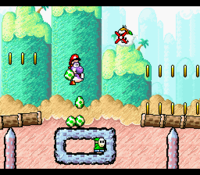 Yoshi about to throw an egg at Lakitu in the level Watch Out For Lakitu.