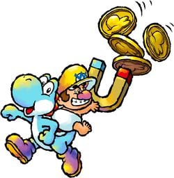 Artwork of Baby Wario sitting on a Light-Blue Yoshi from Yoshi's Island DS