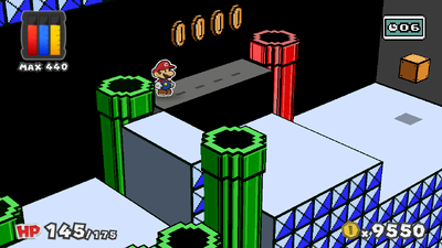 Mario near 4 Coins in Green Energy Plant of Paper Mario: Color Splash.