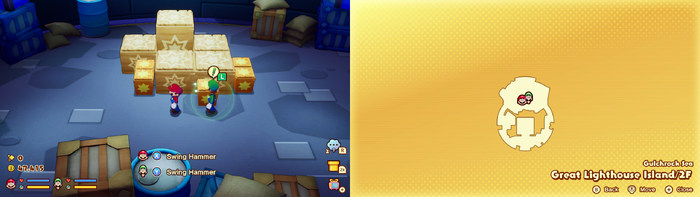 Mario and Luigi near wooden crates containing 10-Coin, 50-Coin and Ultra Mushroom on Great Lighthouse Island of Gulchrock Sea of Mario & Luigi: Brothership