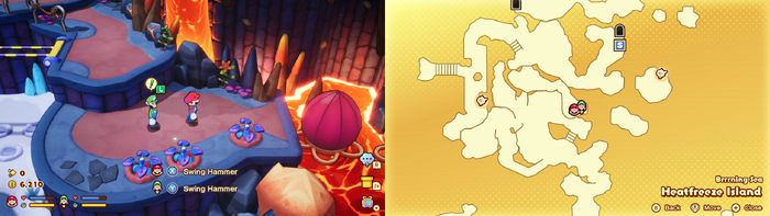 Mario and Luigi near 3 Heatfreeze Potatoes containing 15 Coins on Heatfreeze Island of Mario & Luigi: Brothership.