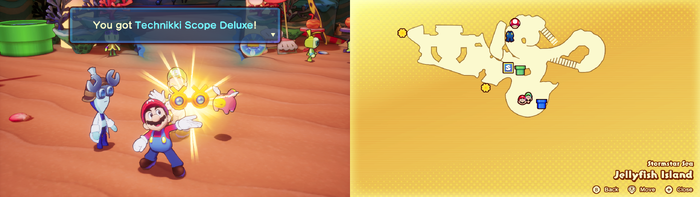 Mario and Luigi being given the Technikki Scope Deluxe by Technikki on Jellyfish Island of Mario & Luigi: Brothership.