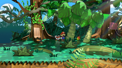 Mario getting a Keel Mango from a tree in Keelhaul Key of Paper Mario: The Thousand-Year Door for Nintendo Switch.