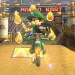 Baby Luigi performing a trick. Mario Kart 8.