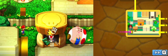 Mario and Luigi under a block holding a Mushroom Ball