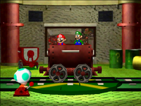 Mario and Luigi in the Mini-Game Coaster in the game Mario Party 2.