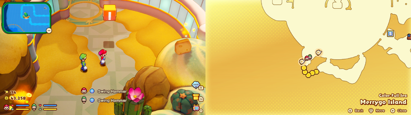 Mario and Luigi near 2 Sprite Bulb Nests on Merrygo Island of Mario & Luigi: Brothership.