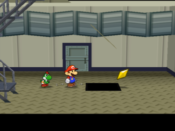 Mario getting the Star Piece under a hidden panel on the first floor of the Glitz Pit storeroom in Paper Mario: The Thousand-Year Door.