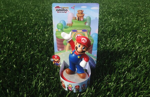 Photograph of a Mario amiibo figure displayed in a printed Mini Mario & Friends: amiibo Challenge holder