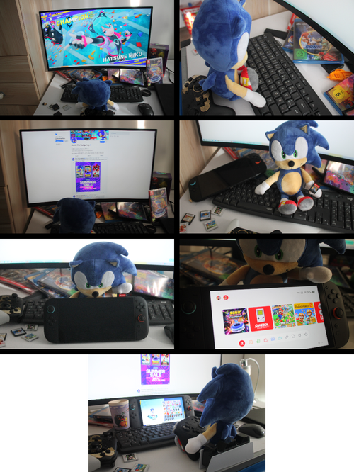Seven photographs are shown in left-to-right order. In the first photo, Sonic is looking at a monitor as he uses the PC. In the second panel, Sonic is shown using a keyboard to try something. In the next panel, Sonic checks on his Bluesky account, while the fourth panel shows Sonic has retrieved a Switch 2 (aka the console from/made by his rival), which rests next to him on the keyboard. He also has the Sonic Racing: CrossWorlds cartridge in his hand. In the fifth panel, he holds it in front of him and inserts the CrossWorlds cartridge into the Switch 2's cartridge slot. The next panel is a shot of the console's screen, showing Sonic Racing: CrossWorlds is inserted in the console and ready to open. In the final panel, Sonic is sitting in front of the Switch 2, playing the game!