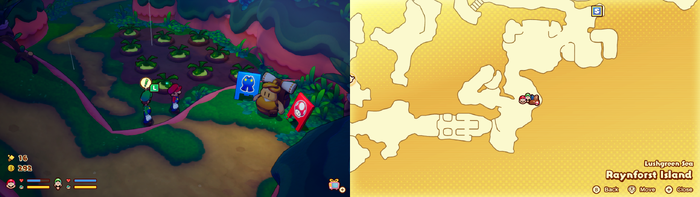 Mario and Luigi near 10 Plug Radishes containing 30 Coins on Raynforst Island of Mario & Luigi: Brothership.