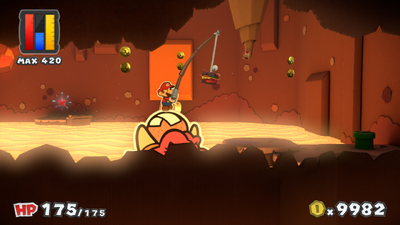 Mario and Draggadon near 6 Coins in Redpepper Volcano of Paper Mario: Color Splash.