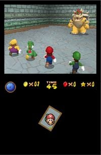 All four character face up against Bowser in an early screenshot of Super Mario 64 DS.