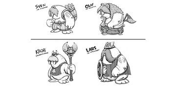Concept artwork of several walrus viking warriors, depicting earlier versions of Waldough enemies. It can be unlocked after collecting all Puzzle Pieces in Dynamite Dash.